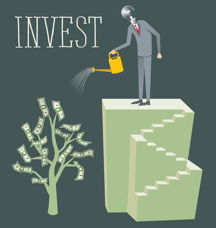 Flat style invest concept web infographics vector illustration. Businessman watering plant with dollar leavesのイラスト素材