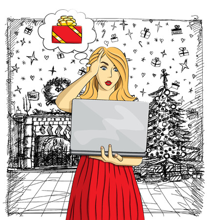 Vector woman buy Christmas gifts online. Woman buy gifts. Online shoppingのイラスト素材