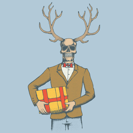 Vector skull with deer horn and gift illustration. Hand drawn skull. Spooky and scary halloween skullのイラスト素材