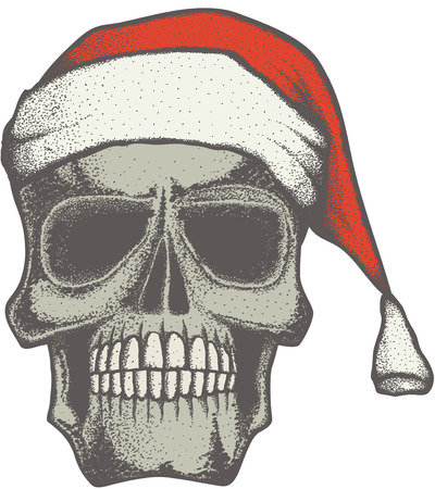 Vector Christmas skull illustration. Hand drawn skull. Spooky and scary halloween skullのイラスト素材
