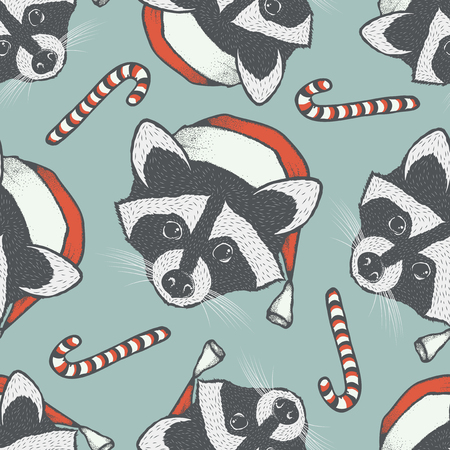 Christmas raccoon vector seamless pattern illustration. Raccoons head with santa hat. Adorable mammal raccoon on New Yearのイラスト素材