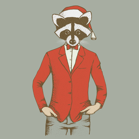 Christmas raccoon vector illustration. Raccoon in human suit with santa hat. Adorable mammal raccoon on New Yearのイラスト素材