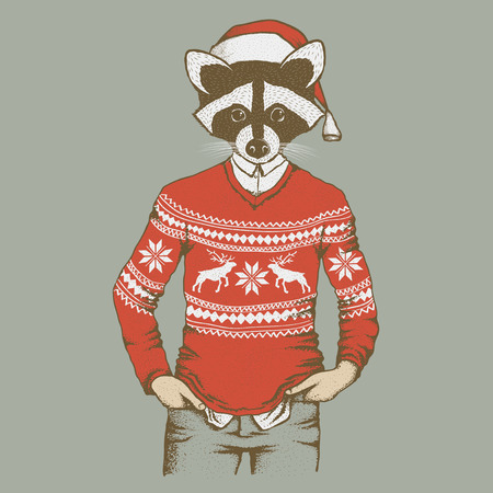 Christmas Raccoon vector illustration. Raccoon in human sweater, sweatshirt and Santa hat. Adorable mammal raccoon on New Yearのイラスト素材
