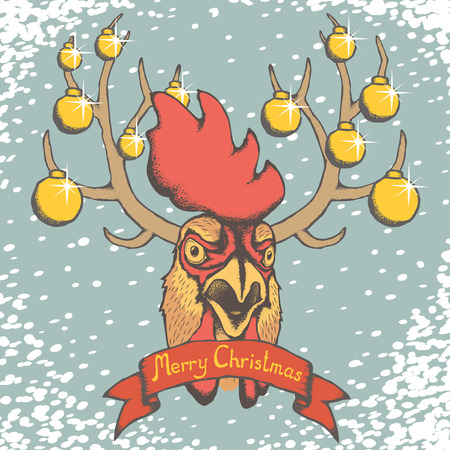 Christmas Rooster vector illustration. Rooster head and snow. Inscription Merry Christmasのイラスト素材