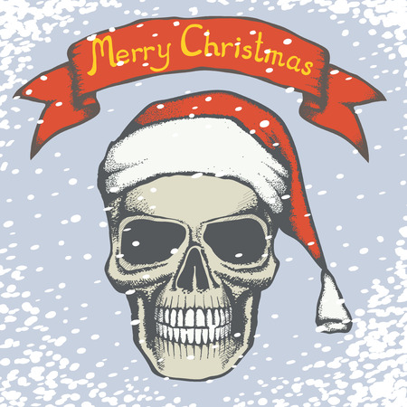Vector Christmas skull illustration. Hand drawn skull in Santa hat. Inscription Merry Christmas and snowのイラスト素材