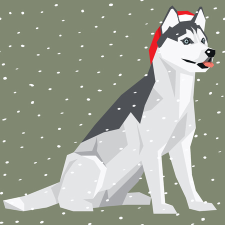 Vector polygon dog collection. Dog in Christmas Santa hat. Siberian Huskyのイラスト素材