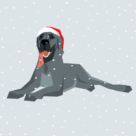 Vector polygon dog collection. Dog in Christmas Santa hat. Great Daneのイラスト素材