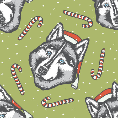 Vector dog concept. Siberian husky dog in Christmas Santa hat vector illustration. Seamless patternのイラスト素材