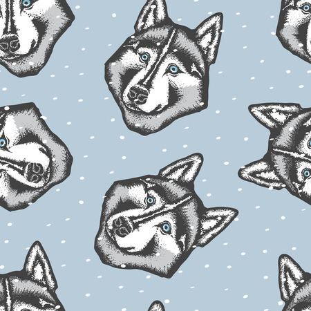 Vector dog concept. Hand draw Siberian husky dog vector illustration seamless patternのイラスト素材
