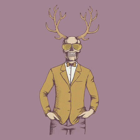 Vector skull with deer horn illustration. Hand drawn skull. Spooky and scary halloween skullのイラスト素材