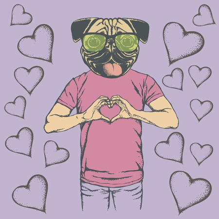 Dog Valentine day vector concept. Illustration of pug head on human body. Dog showing heart shapeのイラスト素材