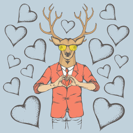 Deer Valentine day vector concept. Illustration of deer head on human body. Rein deer showing heart shapeのイラスト素材