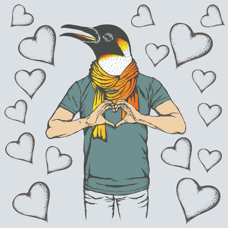 Penguin Valentine day vector concept. Illustration of penguin head on human body. Bird showing heart shapeのイラスト素材