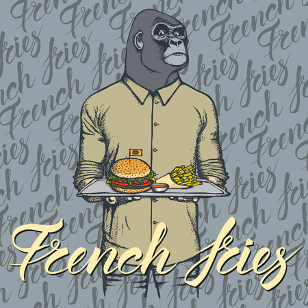 Fast food vector concept. Illustration of gorilla with burger and French friesのイラスト素材