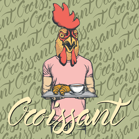 Breakfast vector concept. Illustration of rooster with croissant and coffeeのイラスト素材