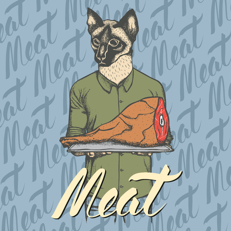 Vector cat with meat ham illustration. Vector food conceptのイラスト素材
