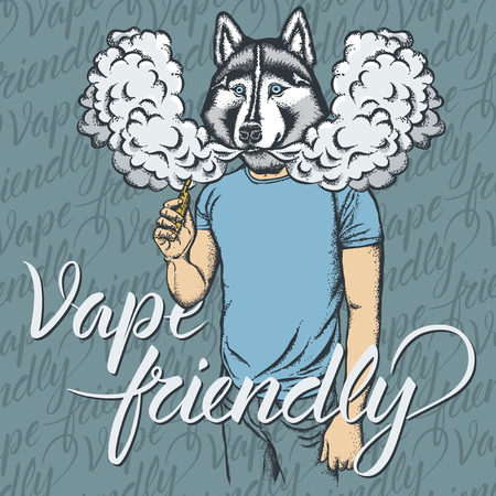 Dog vector vape concept. Dog smoking or vaping an electronic cigarette, in human suit. With inscription vape friendlyのイラスト素材