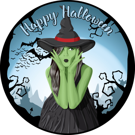Vector Halloween concept. Green witch woman with hat. With lettering Happy Halloweenのイラスト素材