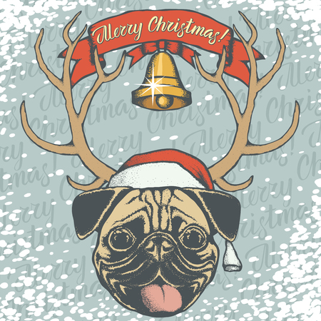 Christmas pug dog vector illustration. Pug dog head with Santa hat and lettering merry Christmasのイラスト素材