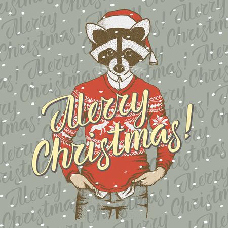 Christmas raccoon vector illustration. Raccoon in Santa hat and lettering merry Christmasのイラスト素材