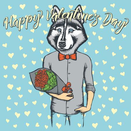 Vector valentine day concept. Illustration of dog head on human body with flowers, and lettering Happy Valantines Dayのイラスト素材