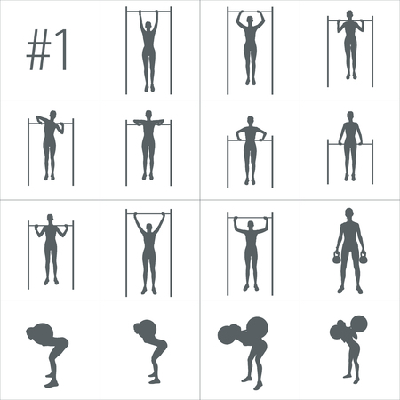Vector silhouettes of people doing fitness and cross fit workouts in many different position.