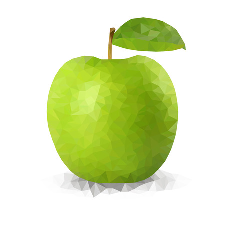 Vector green polygonal apple. Poly apple with leaf and shadow.のイラスト素材