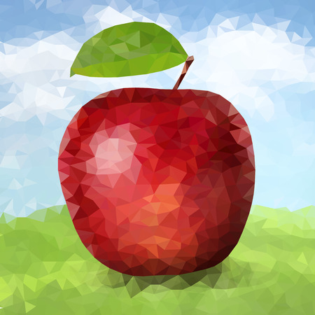 Vector red polygonal apple. Poly apple with leaf and shadow.のイラスト素材