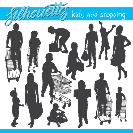 Vector silhouettes of kids and children. Kids and shoppingのイラスト素材