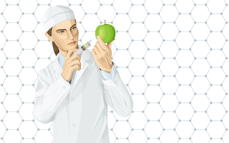 Vector scientist woman does gmo injection. Illustration of doctor does gmo modification to an appleのイラスト素材
