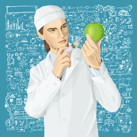 Vector scientist woman does gmo injection. Illustration of doctor does gmo modification to an appleのイラスト素材