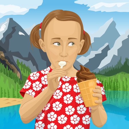 Vector funny child girl eating ice-cream. Little cute girl with ice cream isolatedのイラスト素材