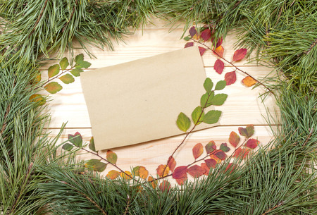 Christmas Greeting Card. Fir Branch And Decoration On Plank. Christmas Fir Tree On Wooden...