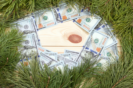Christmas Greeting Card with Money. Fir Branch, Money And Decoration On Plank. Christmas Fir Tree On Wooden Background. Copy Spaceの写真素材