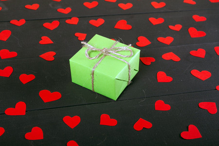 Gift boxes on wooden table. Gift image suitable for Valentines Day, Christmas, New Year or Birthday. With copyspaceの写真素材