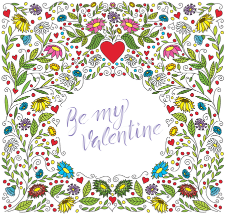 Vector Valentines Day Greeting Card. Abstract Love Illustration With Flowers and Hearts. Lettering I Love Youのイラスト素材