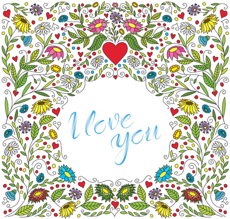 Vector Valentines Day Greeting Card. Abstract Love Illustration With Flowers and Hearts. Lettering I Love Youのイラスト素材