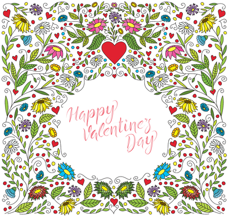 Vector Valentines Day Greeting Card. Abstract Love Illustration With Flowers and Hearts. Lettering I Love Youのイラスト素材