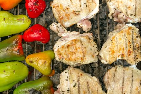 Poultry On Barbecue Rack. Picnic. Grilling Outdoors At Summer Weekend. Barbecued Fresh Chicken With Tomato And Pepper. Grilled Vegetables And Poultryの写真素材