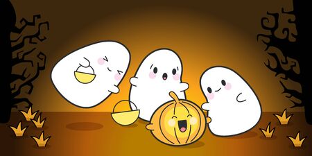 Vector Set Of Cute Cartoon Ghosts Celebrating Halloween. Kawaii Vector Set. Cute Ghosts With Funny Pumpkinのイラスト素材