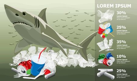 Vector Environment Pollution Illustration Of White Shark Info Chart Or Infographics. Ocean pollution. Ocean With Plastic Garbage And White Sharkのイラスト素材