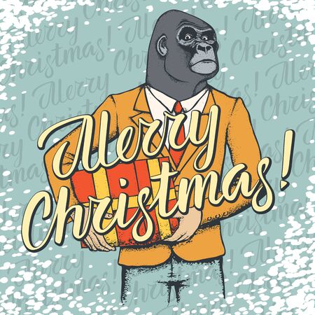 Monkey vector Christmas concept. Illustration of African gorilla in human suit with lettering merry Christmasのイラスト素材