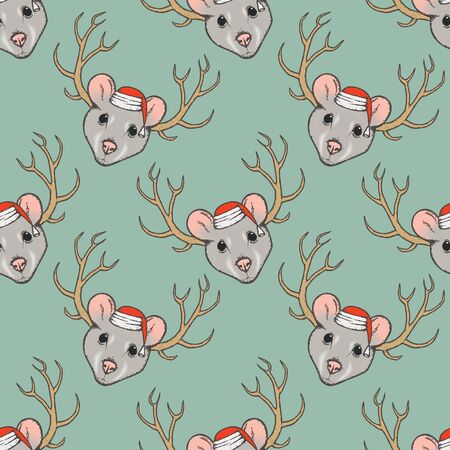 Christmas Rat vector illustration. Seamless pattern with rat headのイラスト素材