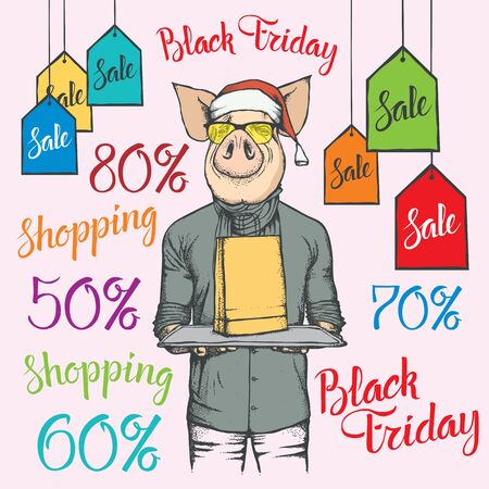 Black Friday Sale Vector Concept. Illustration of Pig in human suit holding on black friday saleのイラスト素材