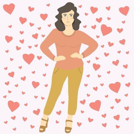 Vector Illustration Of Woman Celebrating Valentines Day. Heart Background And Cute Womanのイラスト素材