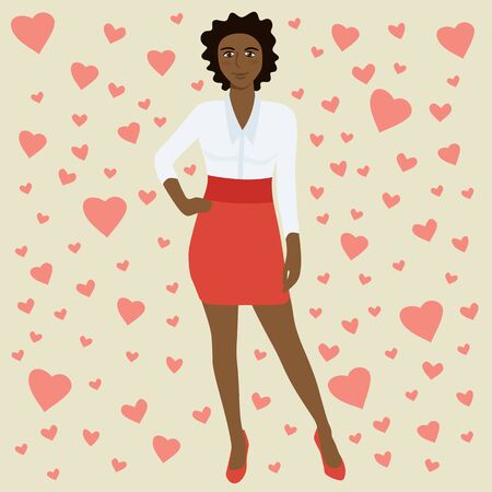 Vector Illustration Of Woman Celebrating Valentines Day. Heart Background And Cute Womanのイラスト素材