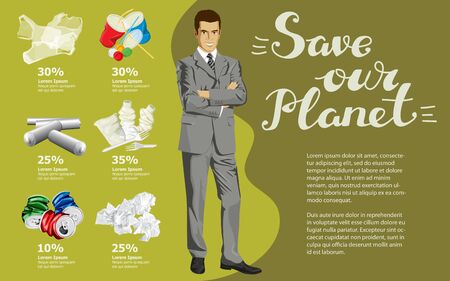 Vector Info Chart Or Infographics. Conceptual Image Of Different Recycling Garbage. Man And Inscription Save Our Planetのイラスト素材
