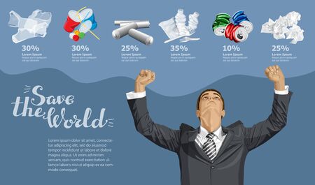 Vector Info Chart Or Infographics. Conceptual Image Of Different Recycling Garbage. Man And Inscription Save The Worldのイラスト素材