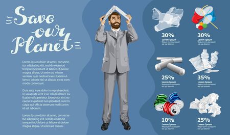 Vector Info Chart Or Infographics. Conceptual Image Of Different Recycling Garbage. Man With Laptop And Inscription Save Our Planetのイラスト素材