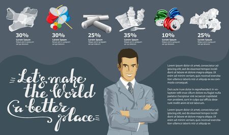 Vector Info Chart Or Infographics. Conceptual Image Of Different Recycling Garbage. Man And Inscription Lets Make The World A Better Placeのイラスト素材
